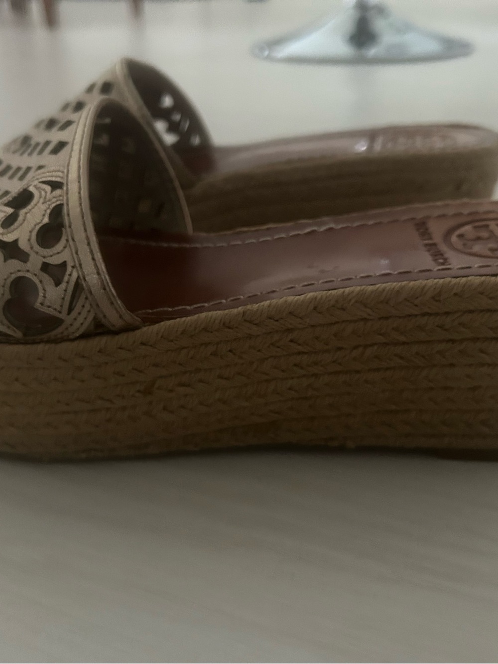 Tory Burch Metallic Rose Gold Wedge Espadrille Slide Sandals - Picture 11 of 11